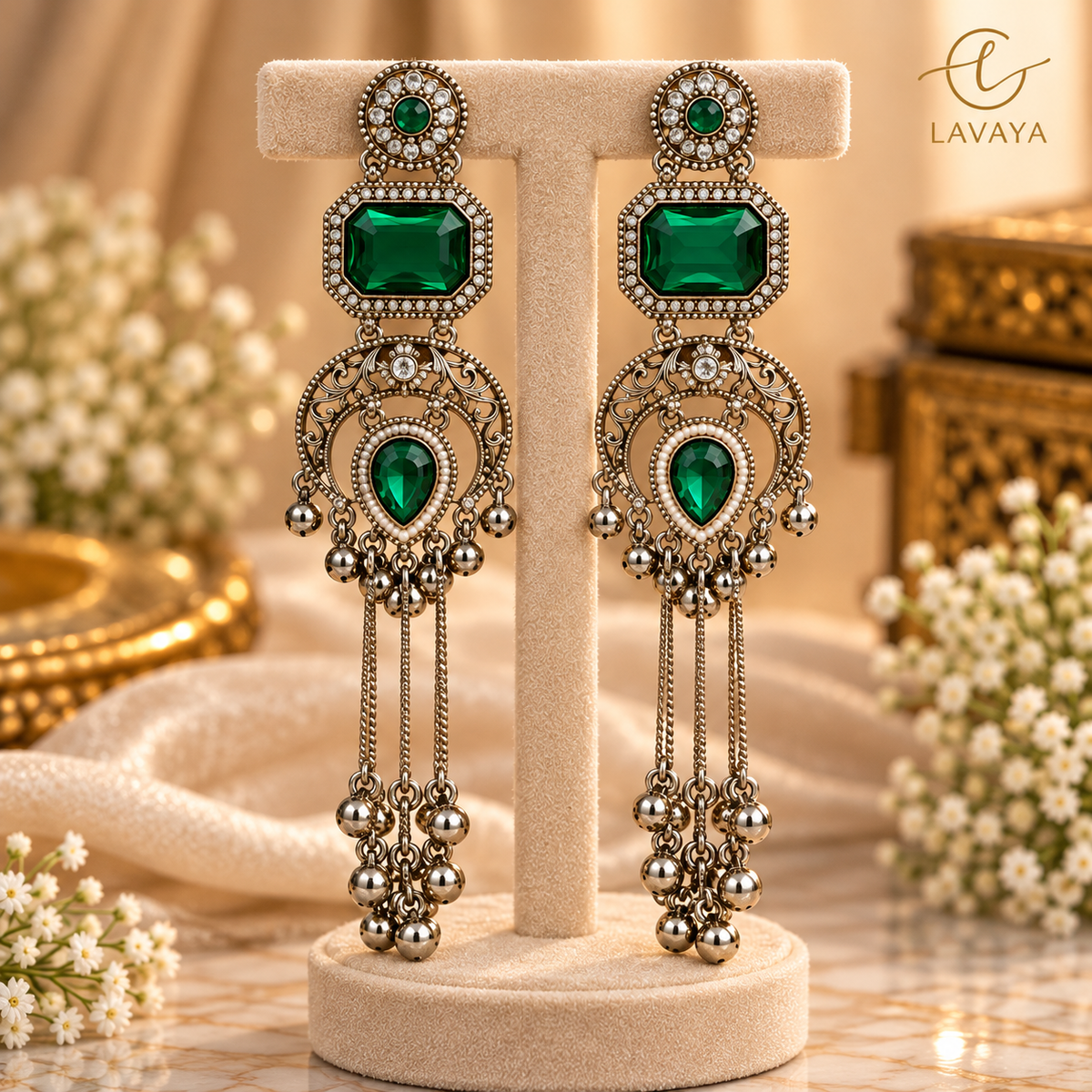 Lavaya Royal Emerald Green Stone Antique Silver-Tone Long Chain Earrings with Crystal & Ghungroo Detailing – Traditional Bridal & Festive Statement Jewellery