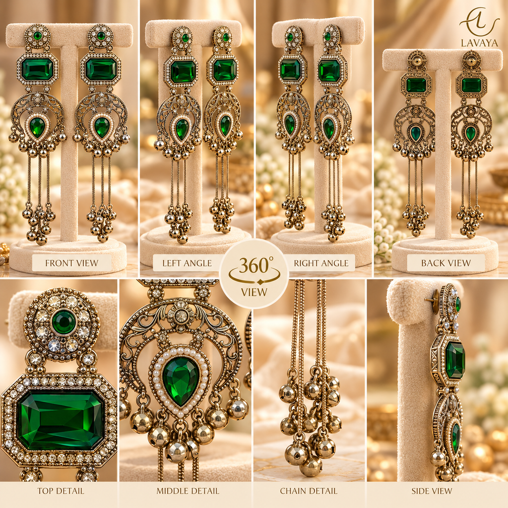 Lavaya Royal Emerald Green Stone Antique Silver-Tone Long Chain Earrings with Crystal & Ghungroo Detailing – Traditional Bridal & Festive Statement Jewellery