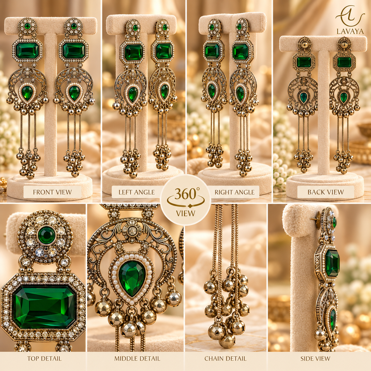 Lavaya Royal Emerald Green Stone Antique Silver-Tone Long Chain Earrings with Crystal & Ghungroo Detailing – Traditional Bridal & Festive Statement Jewellery