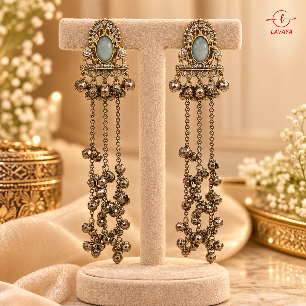 Lavaya Royal Aqua Green Stone Antique Gold-Tone Long Tassel Earrings with Ghungroo Detailing – Traditional Bridal & Festive Jewellery