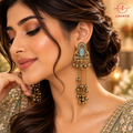 Lavaya Royal Aqua Green Stone Antique Gold-Tone Long Tassel Earrings with Ghungroo Detailing – Traditional Bridal & Festive Jewellery