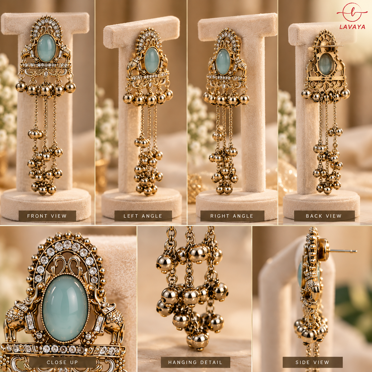 Lavaya Royal Aqua Green Stone Antique Gold-Tone Long Tassel Earrings with Ghungroo Detailing – Traditional Bridal & Festive Jewellery