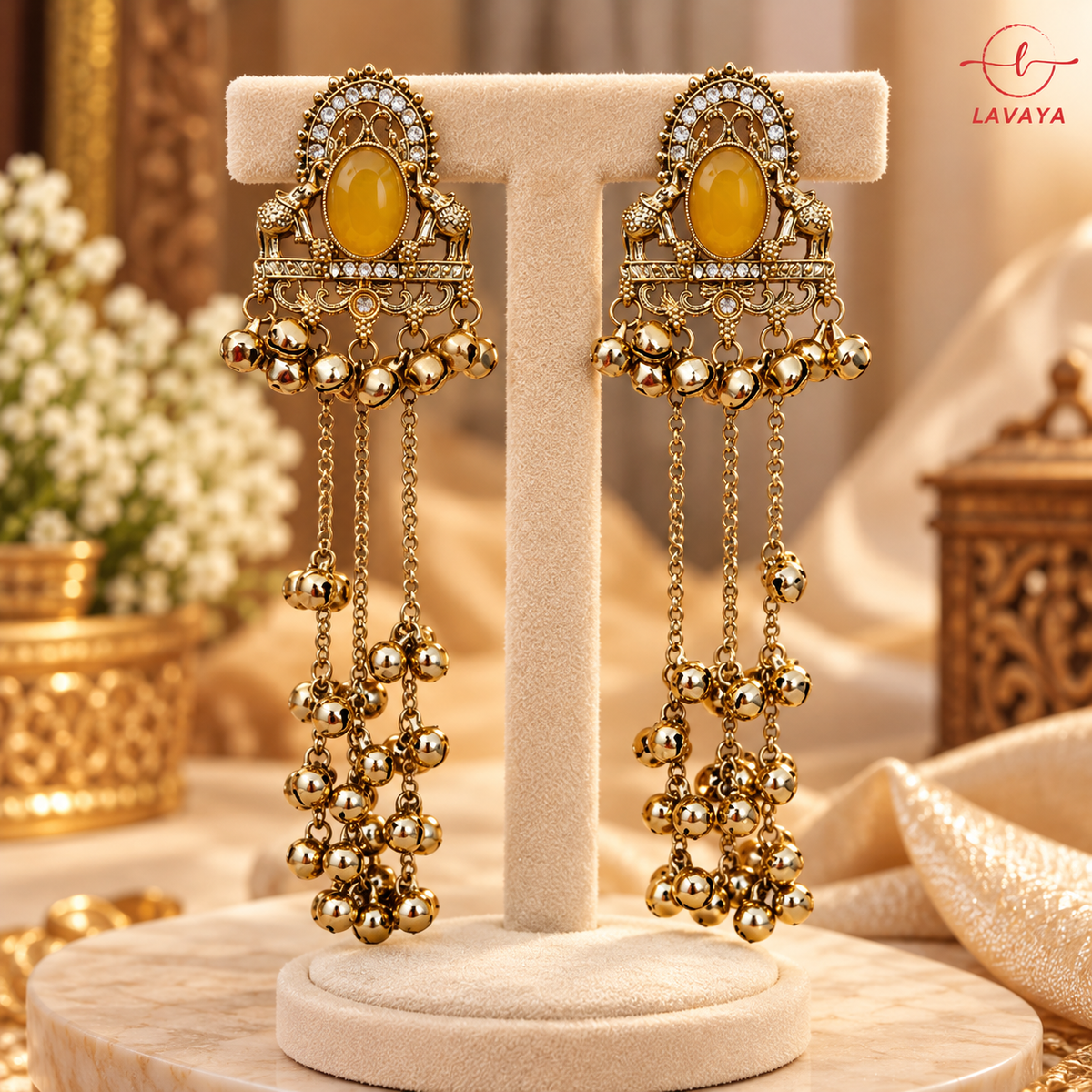 Lavaya Royal Mustard Yellow Stone Antique Gold-Tone Long Tassel Earrings with Ghungroo Detailing – Traditional Bridal & Festive Statement Jewellery