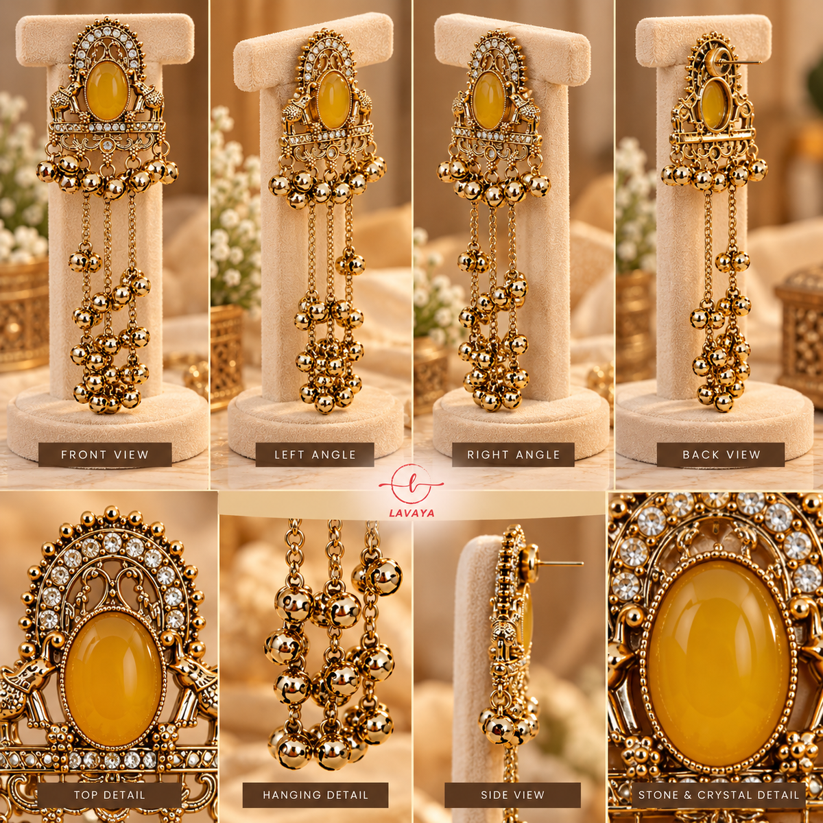 Lavaya Royal Mustard Yellow Stone Antique Gold-Tone Long Tassel Earrings with Ghungroo Detailing – Traditional Bridal & Festive Statement Jewellery