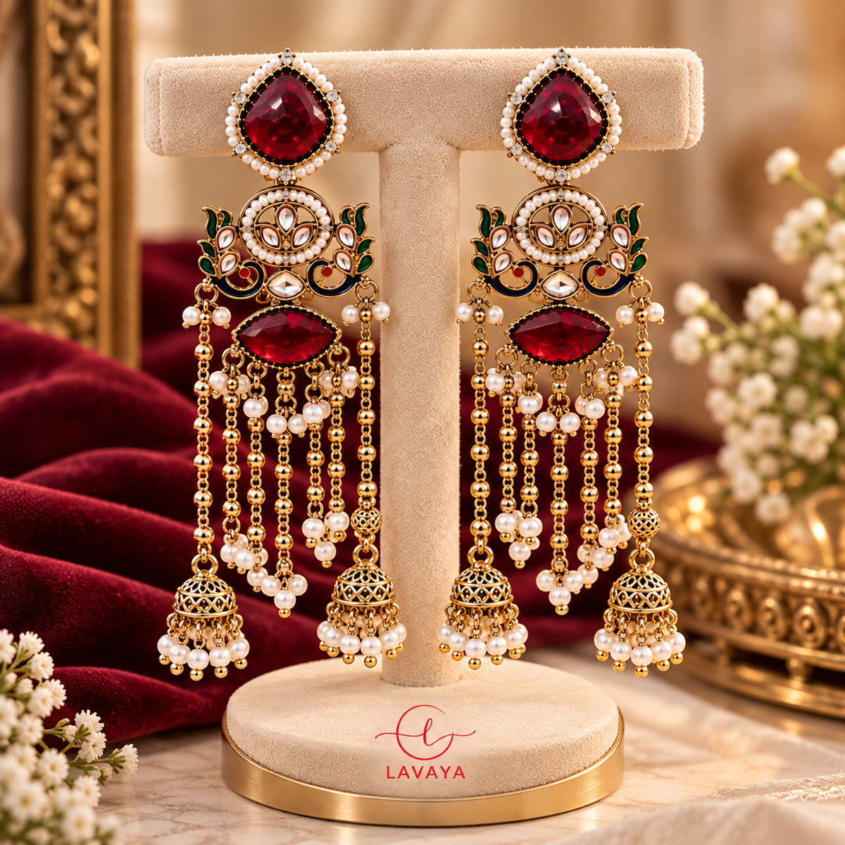 Lavaya Royal Ruby Red Stone Gold-Tone Long Tassel Jhumka Earrings with Pearl & Kundan Detailing – Traditional Bridal & Festive Statement Jewellery