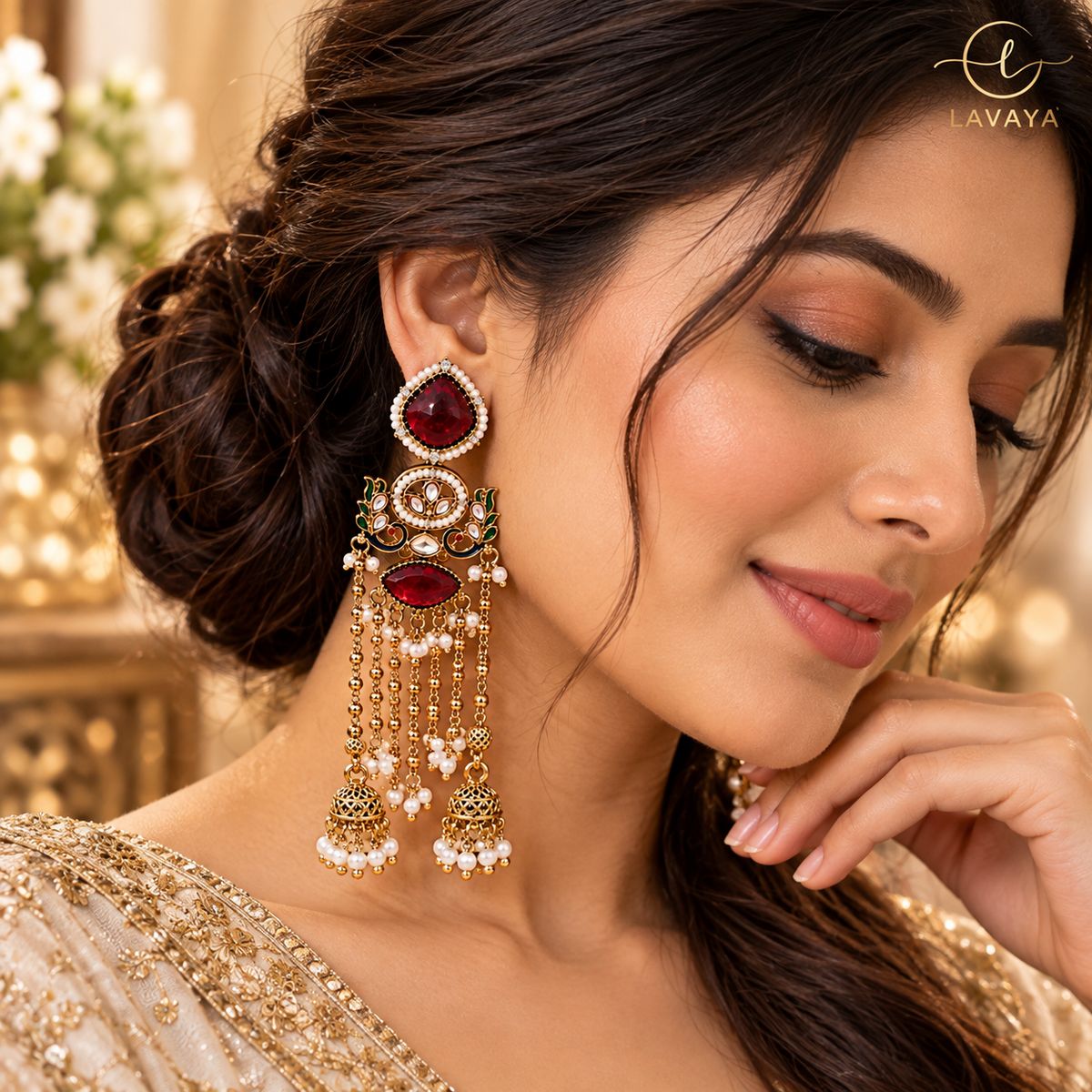 Lavaya Royal Ruby Red Stone Gold-Tone Long Tassel Jhumka Earrings with Pearl & Kundan Detailing – Traditional Bridal & Festive Statement Jewellery