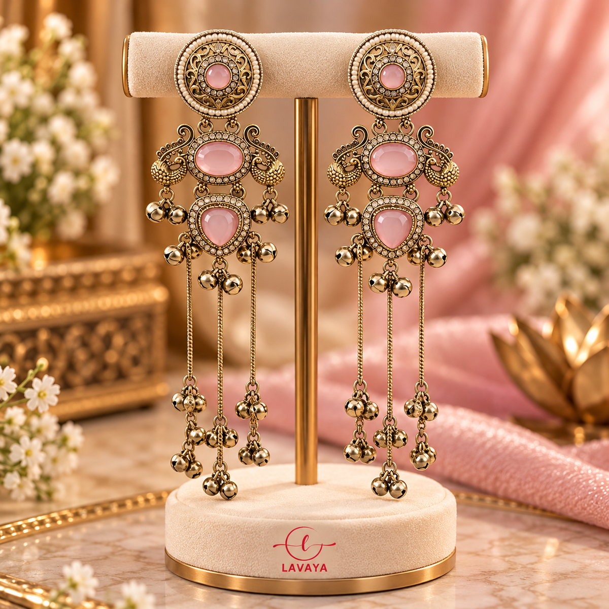 Lavaya Royal Blush Pink Stone Antique Gold-Tone Long Tassel Earrings with Pearl, Kundan & Ghungroo Detailing – Traditional Bridal & Festive Statement Jewellery