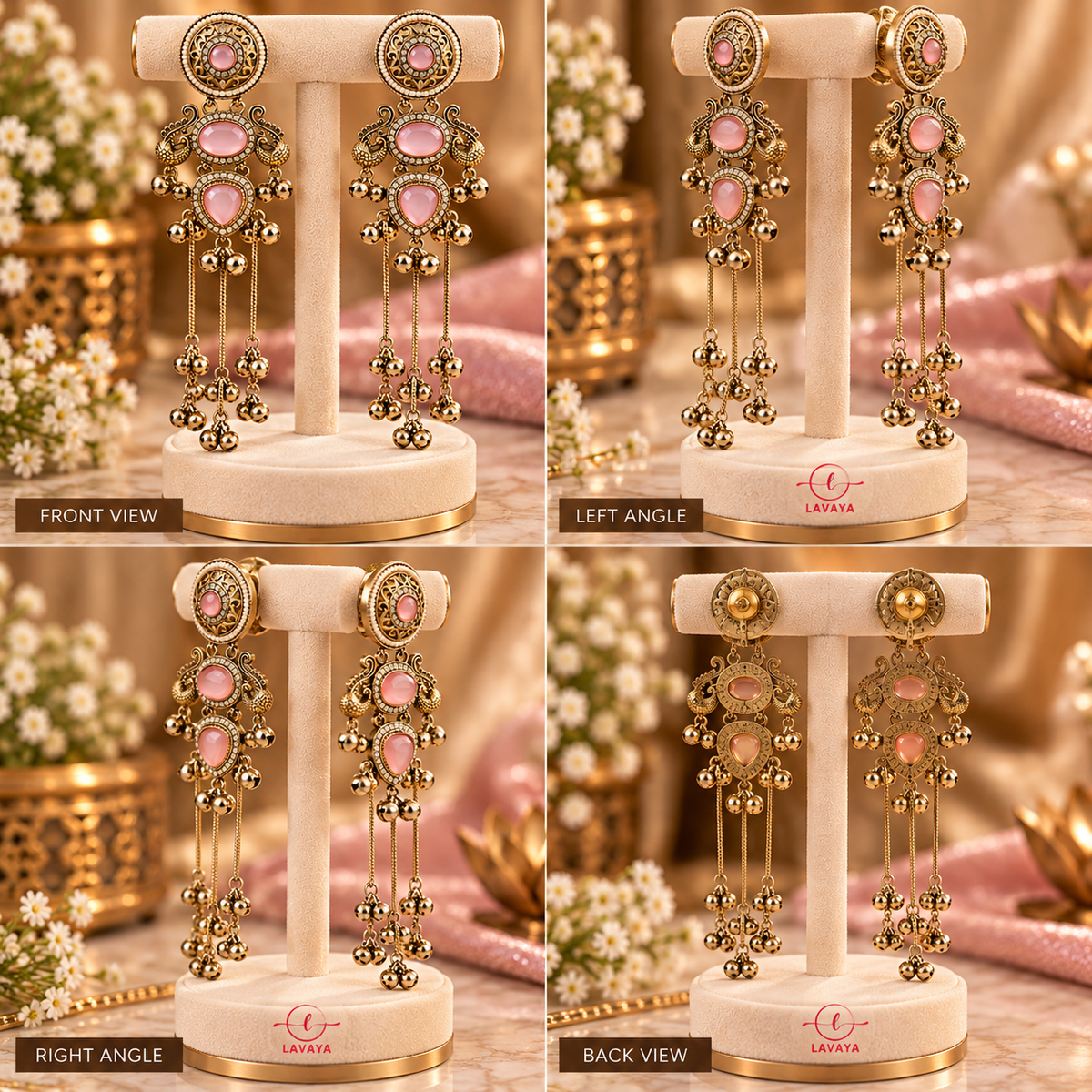 Lavaya Royal Blush Pink Stone Antique Gold-Tone Long Tassel Earrings with Pearl, Kundan & Ghungroo Detailing – Traditional Bridal & Festive Statement Jewellery
