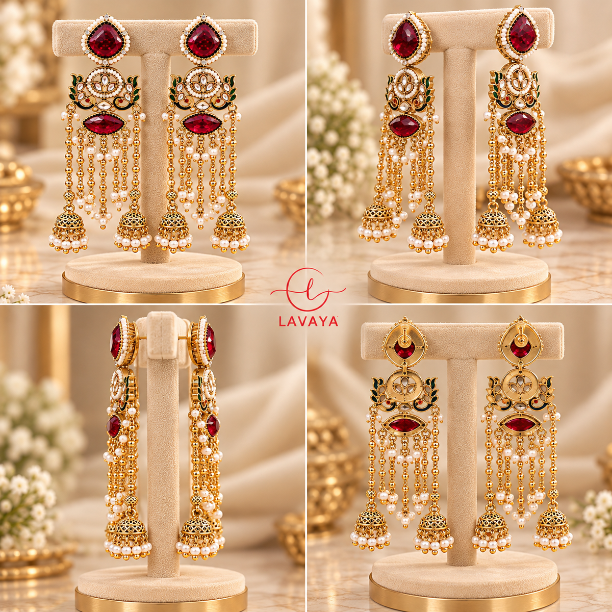 Lavaya Royal Ruby Red Stone Gold-Tone Long Tassel Jhumka Earrings with Pearl & Kundan Detailing – Traditional Bridal & Festive Statement Jewellery