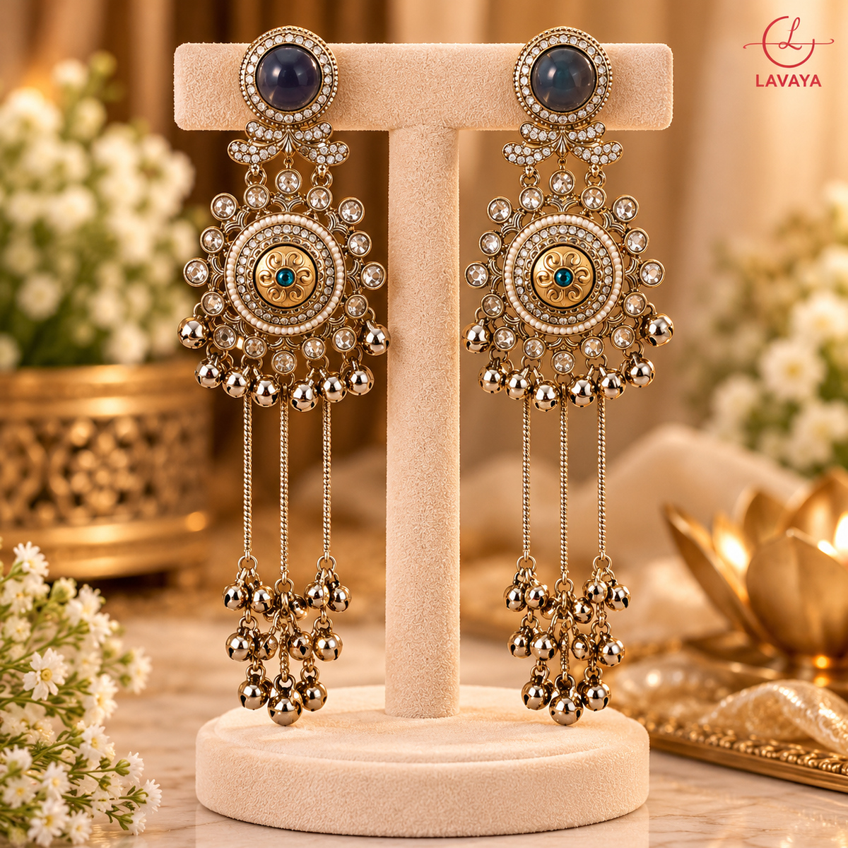 Lavaya Royal Midnight Blue Stone Antique Gold-Tone Long Tassel Earrings with Kundan, Pearl & Ghungroo Detailing – Traditional Bridal & Festive Statement Jewellery