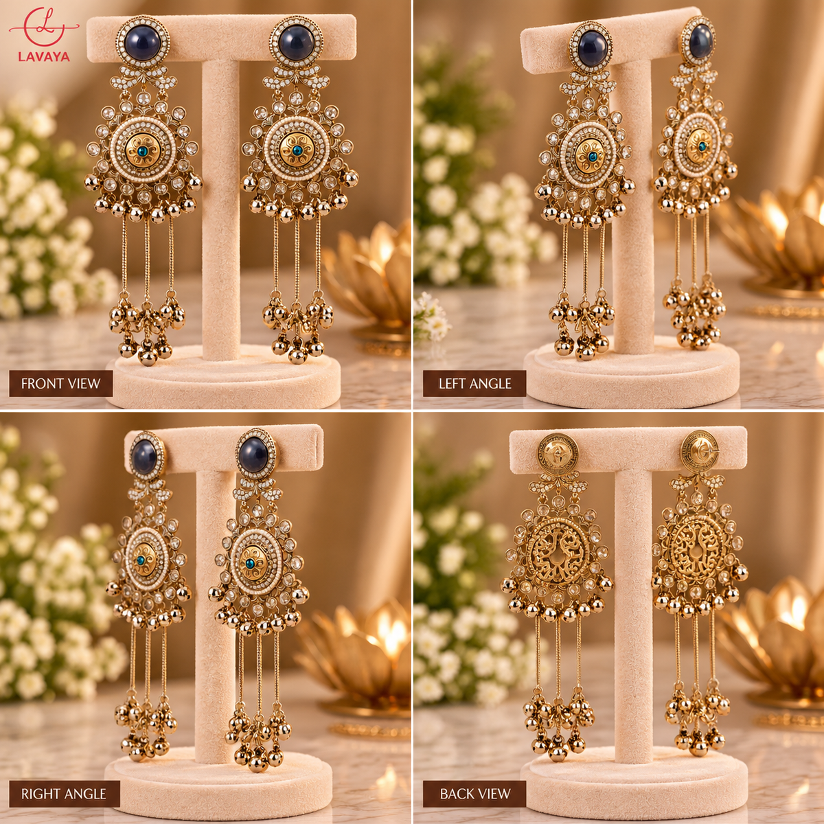 Lavaya Royal Midnight Blue Stone Antique Gold-Tone Long Tassel Earrings with Kundan, Pearl & Ghungroo Detailing – Traditional Bridal & Festive Statement Jewellery