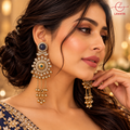 Lavaya Royal Midnight Blue Stone Antique Gold-Tone Long Tassel Earrings with Kundan, Pearl & Ghungroo Detailing – Traditional Bridal & Festive Statement Jewellery