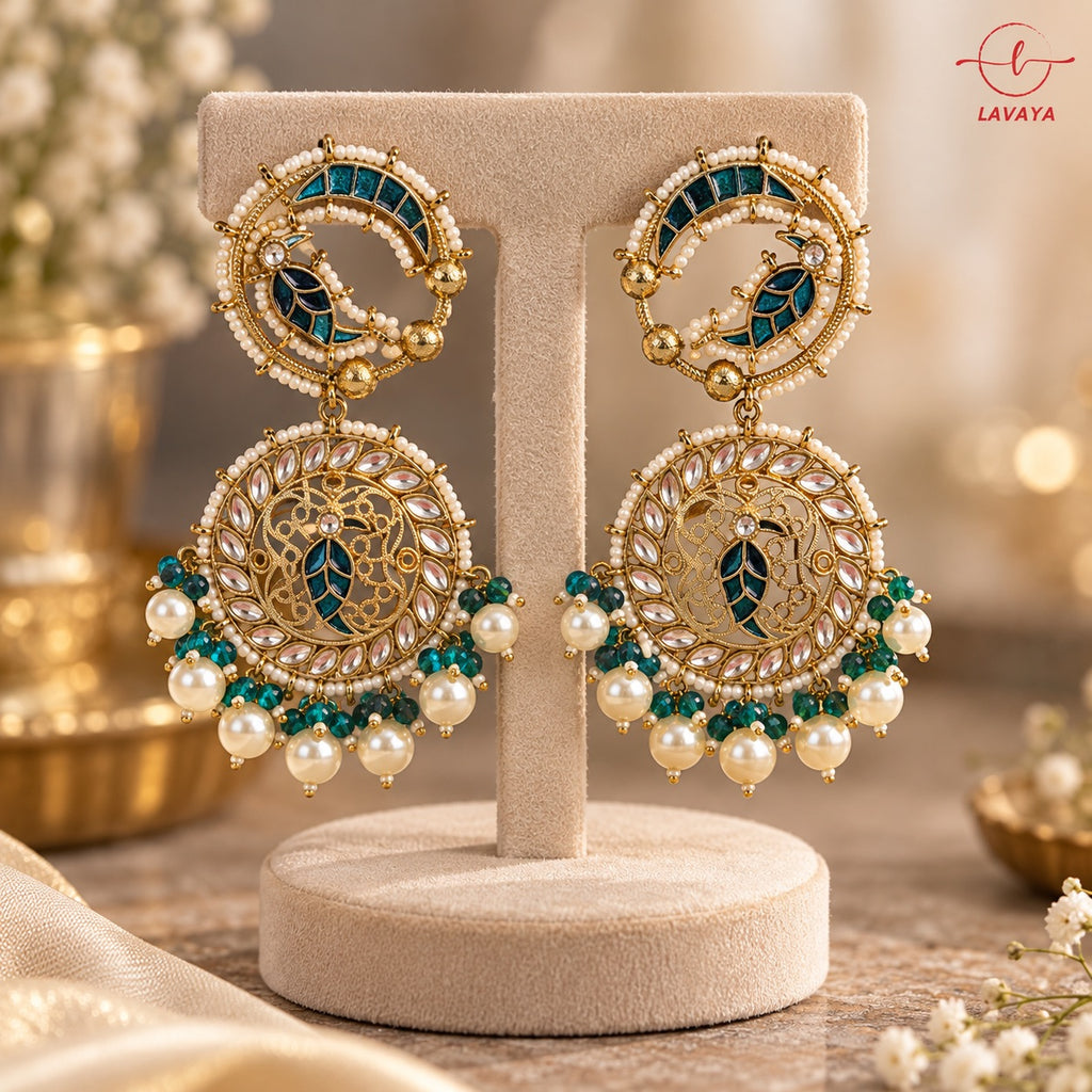 Lavaya Royal Teal Blue Peacock Chandbali Earrings with Kundan-Style Stones & Pearl Drops
