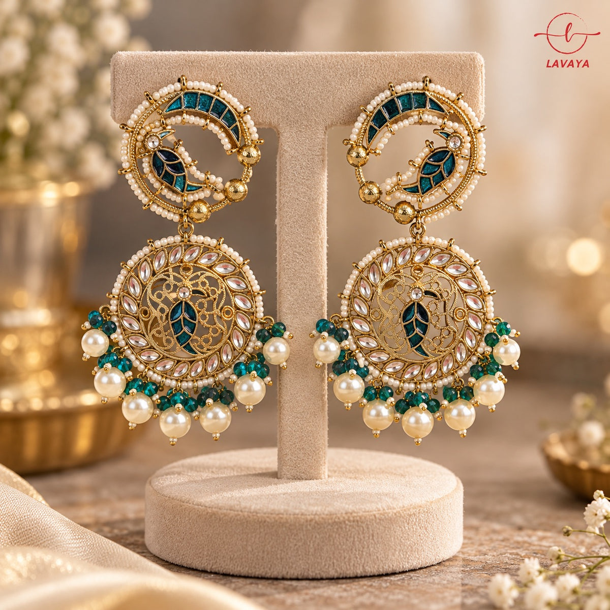 Lavaya Royal Teal Blue Peacock Chandbali Earrings with Kundan-Style Stones & Pearl Drops
