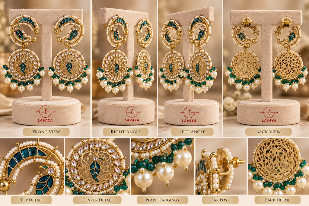 Lavaya Royal Teal Blue Peacock Chandbali Earrings with Kundan-Style Stones & Pearl Drops