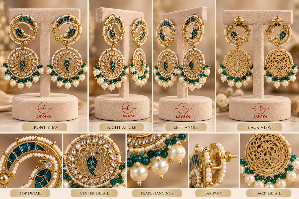 Lavaya Royal Teal Blue Peacock Chandbali Earrings with Kundan-Style Stones & Pearl Drops