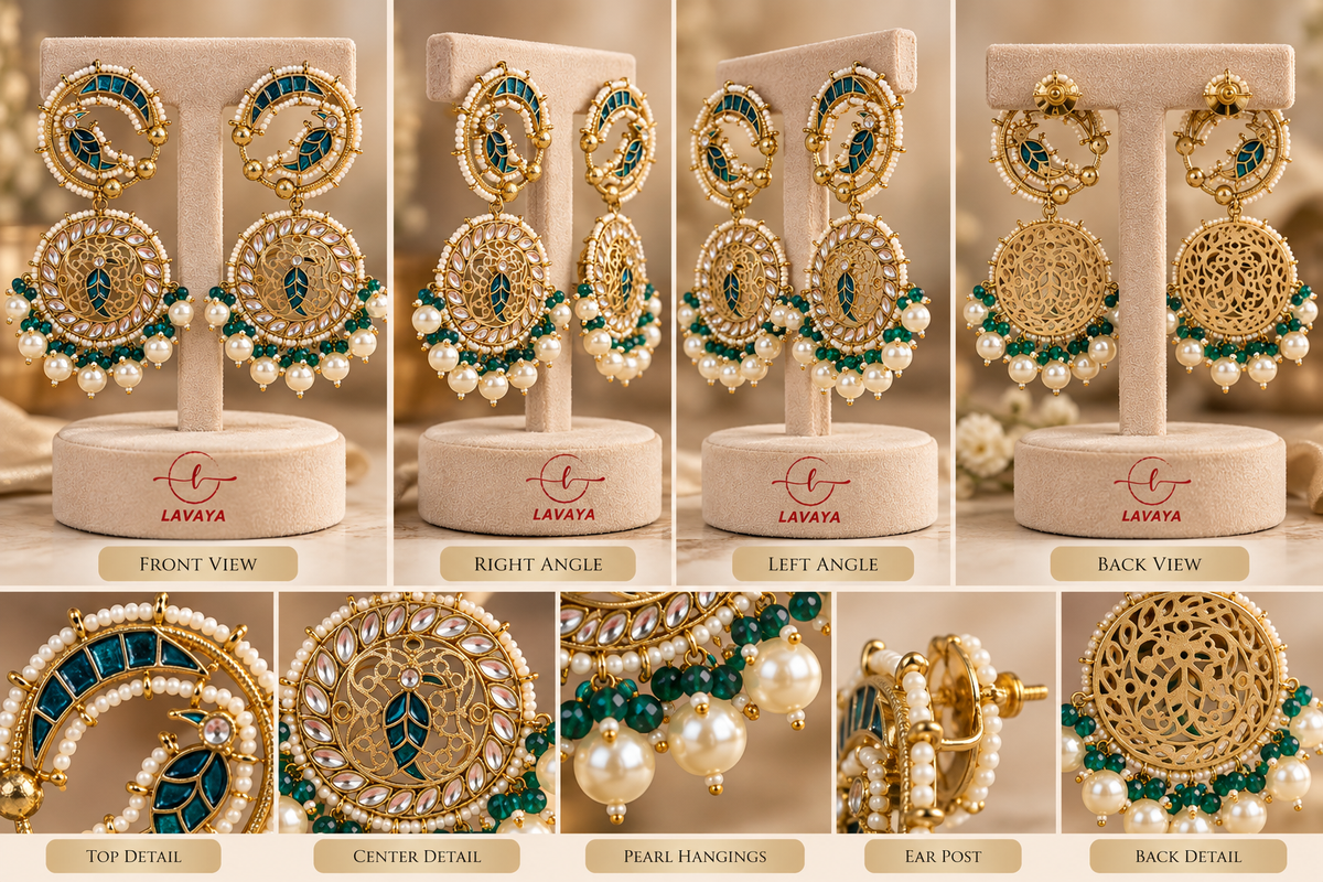 Lavaya Royal Emerald Green Peacock Design Gold-Tone Statement Earrings with Kundan, Pearl & Enamel Detailing – Traditional Bridal & Festive Jewellery