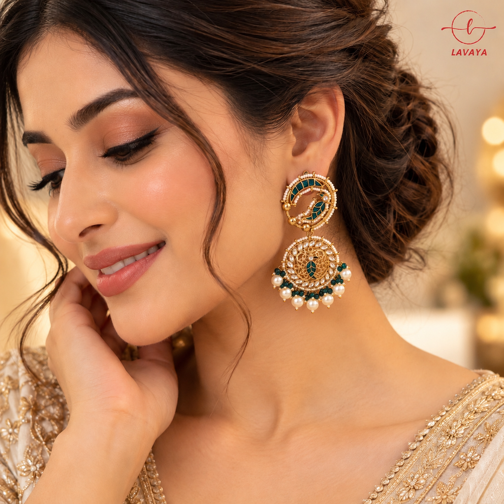 Lavaya Royal Emerald Green Peacock Design Gold-Tone Statement Earrings with Kundan, Pearl & Enamel Detailing – Traditional Bridal & Festive Jewellery