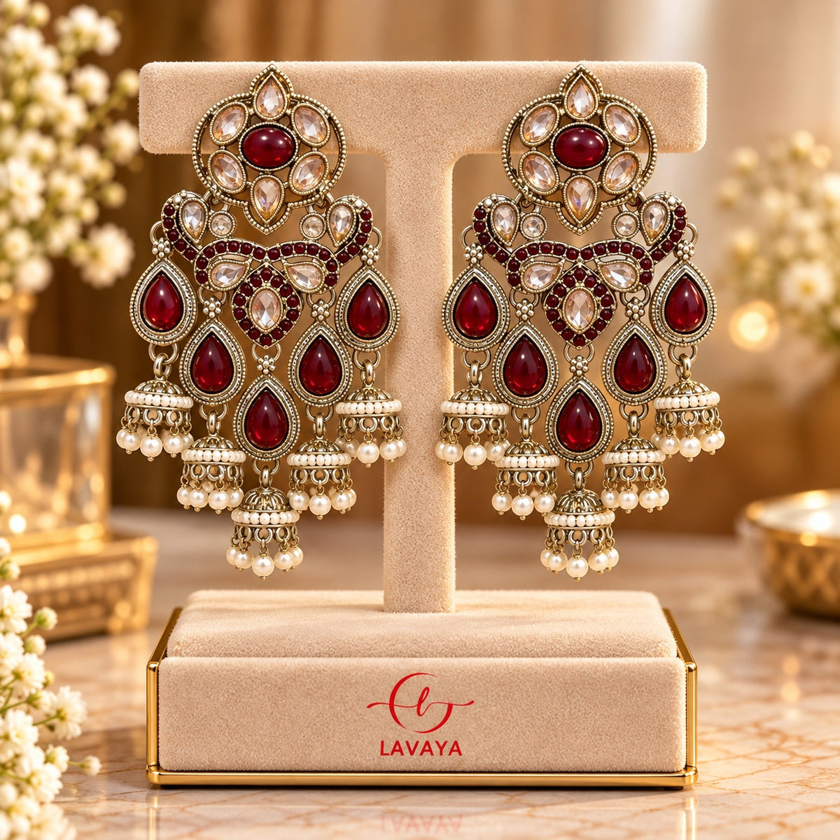 Lavaya Royal Ruby Red Kundan Chandbali Statement Earrings with Pearl Jhumka Drops – Traditional Gold-Tone Bridal & Wedding Jewellery for Women