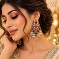 Lavaya Royal Ruby Red Kundan Chandbali Statement Earrings with Pearl Jhumka Drops – Traditional Gold-Tone Bridal & Wedding Jewellery for Women