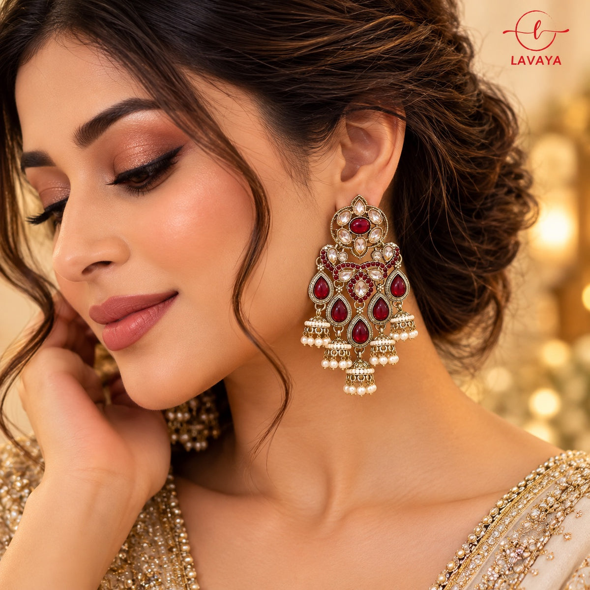 Lavaya Royal Ruby Red Kundan Chandbali Statement Earrings with Pearl Jhumka Drops – Traditional Gold-Tone Bridal & Wedding Jewellery for Women