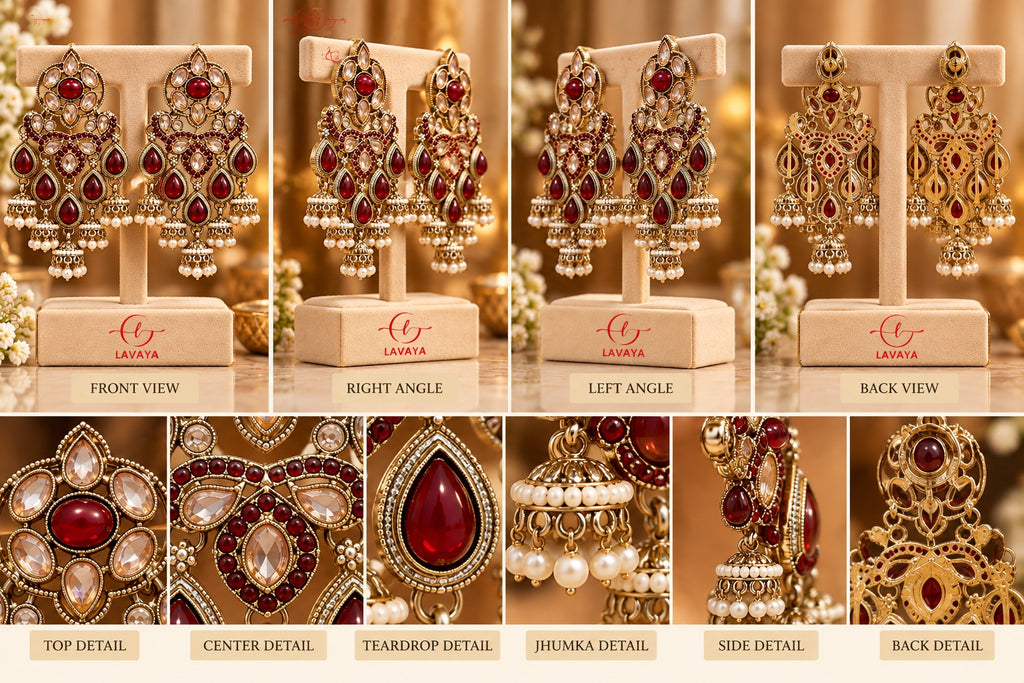 Lavaya Royal Ruby Red Kundan Chandbali Statement Earrings with Pearl Jhumka Drops – Traditional Gold-Tone Bridal & Wedding Jewellery for Women