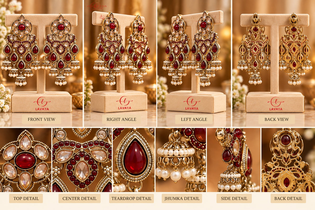 Lavaya Royal Ruby Red Kundan Chandbali Statement Earrings with Pearl Jhumka Drops – Traditional Gold-Tone Bridal & Wedding Jewellery for Women