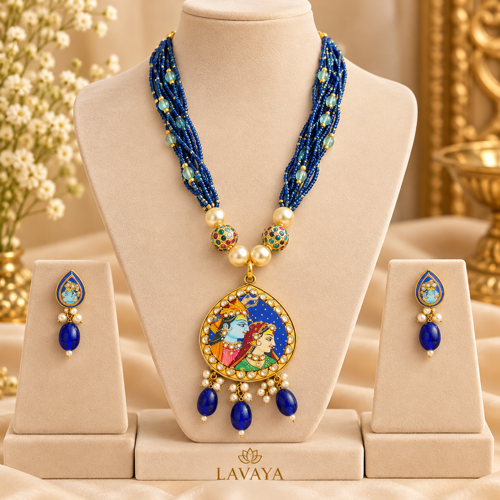 Lavaya Royal Blue Floral Meenakari Hand Painted Radha Krishna Pendant Necklace Set Reversible and Customizable with Multi-Strand Beads, Pearl Drops & Matching Earrings