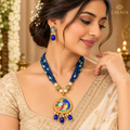 Lavaya Royal Blue Floral Meenakari Hand Painted Radha Krishna Pendant Necklace Set Reversible and Customizable with Multi-Strand Beads, Pearl Drops & Matching Earrings