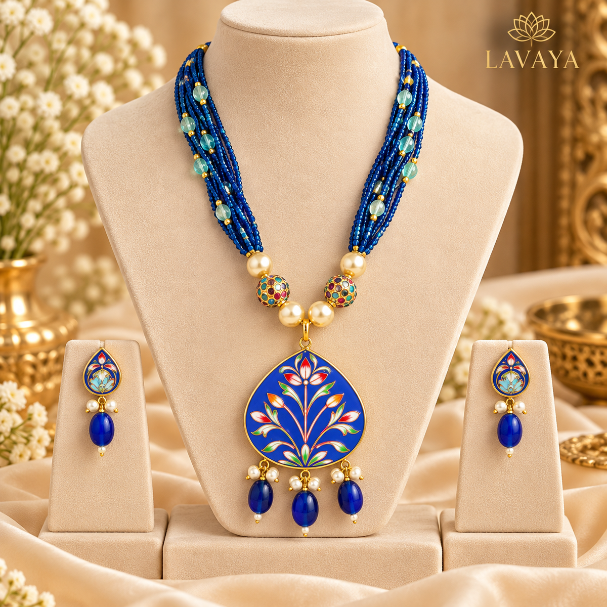 Lavaya Royal Blue Floral Meenakari Hand Painted Radha Krishna Pendant Necklace Set Reversible and Customizable with Multi-Strand Beads, Pearl Drops & Matching Earrings