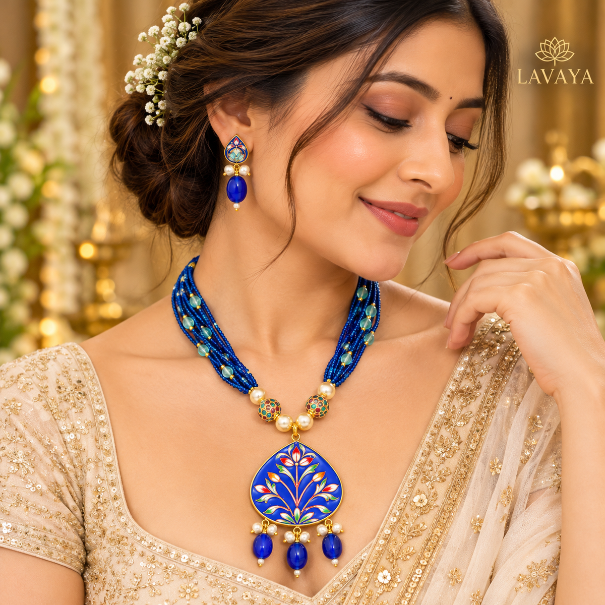 Lavaya Royal Blue Floral Meenakari Hand Painted Radha Krishna Pendant Necklace Set Reversible and Customizable with Multi-Strand Beads, Pearl Drops & Matching Earrings