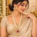 Lavaya Elegant Reversible & Customizable Ivory Pearl Beaded Floral Meenakari Necklace Set with Pink Lotus Pendant & Matching Kundan Earrings