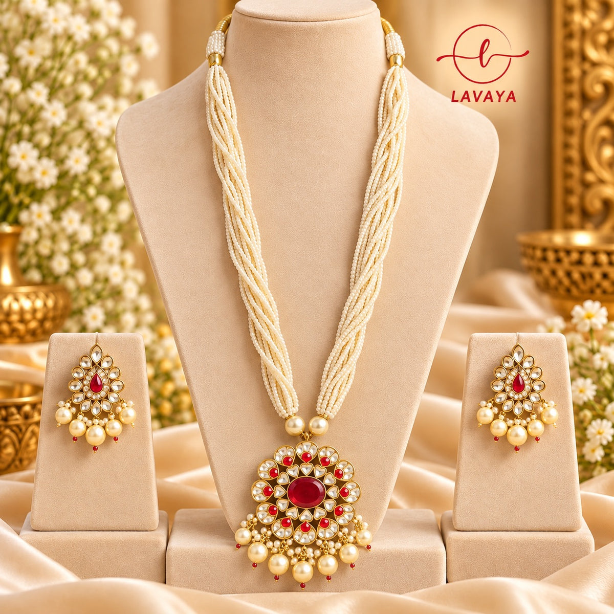 Lavaya Royal Ruby Red Kundan Floral Pendant Necklace Set with Multi-Layer Pearl Strands & Matching Earrings