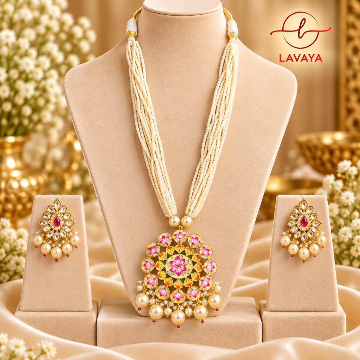 Lavaya Royal Ruby Red Kundan Floral Pendant Necklace Set with Multi-Layer Pearl Strands & Matching Earrings