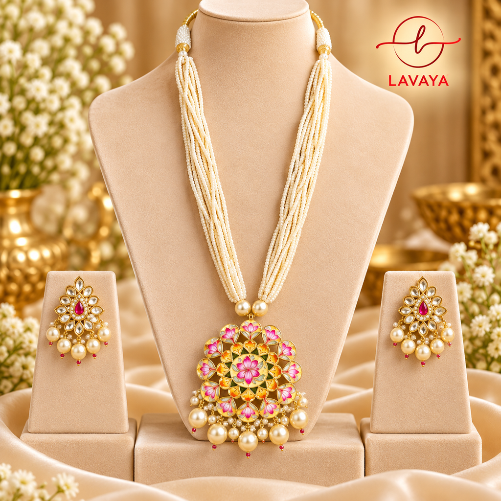 Lavaya Elegant Reversible & Customizable Ivory Pearl Beaded Floral Meenakari Necklace Set with Pink Lotus Pendant & Matching Kundan Earrings