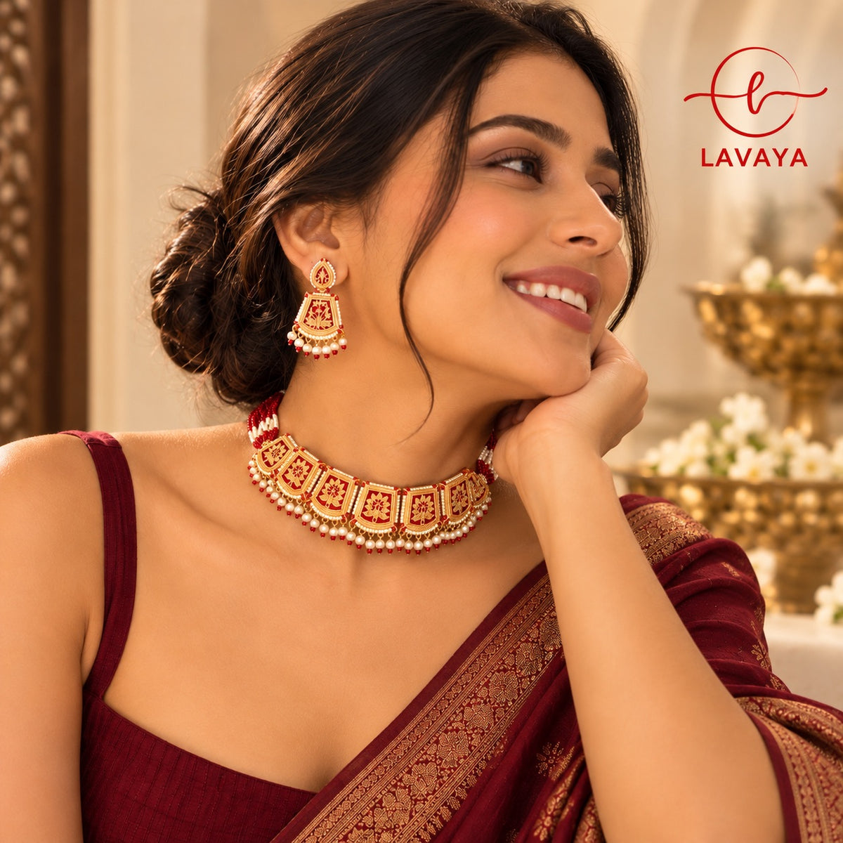 Lavaya Royal Maroon Meenakari Gold-Tone Necklace & Earrings Set