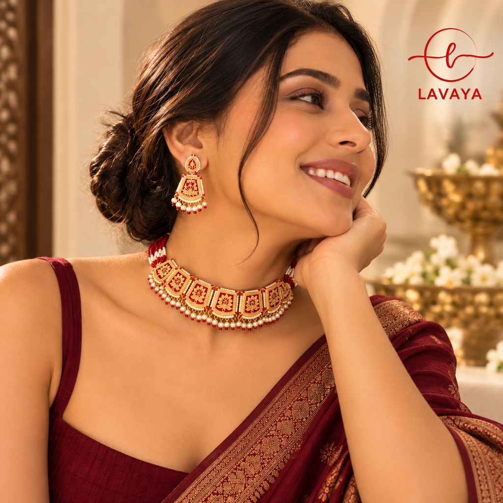 Lavaya Royal Red Meenakari Choker Necklace Set with Pearl Drops & Matching Earrings