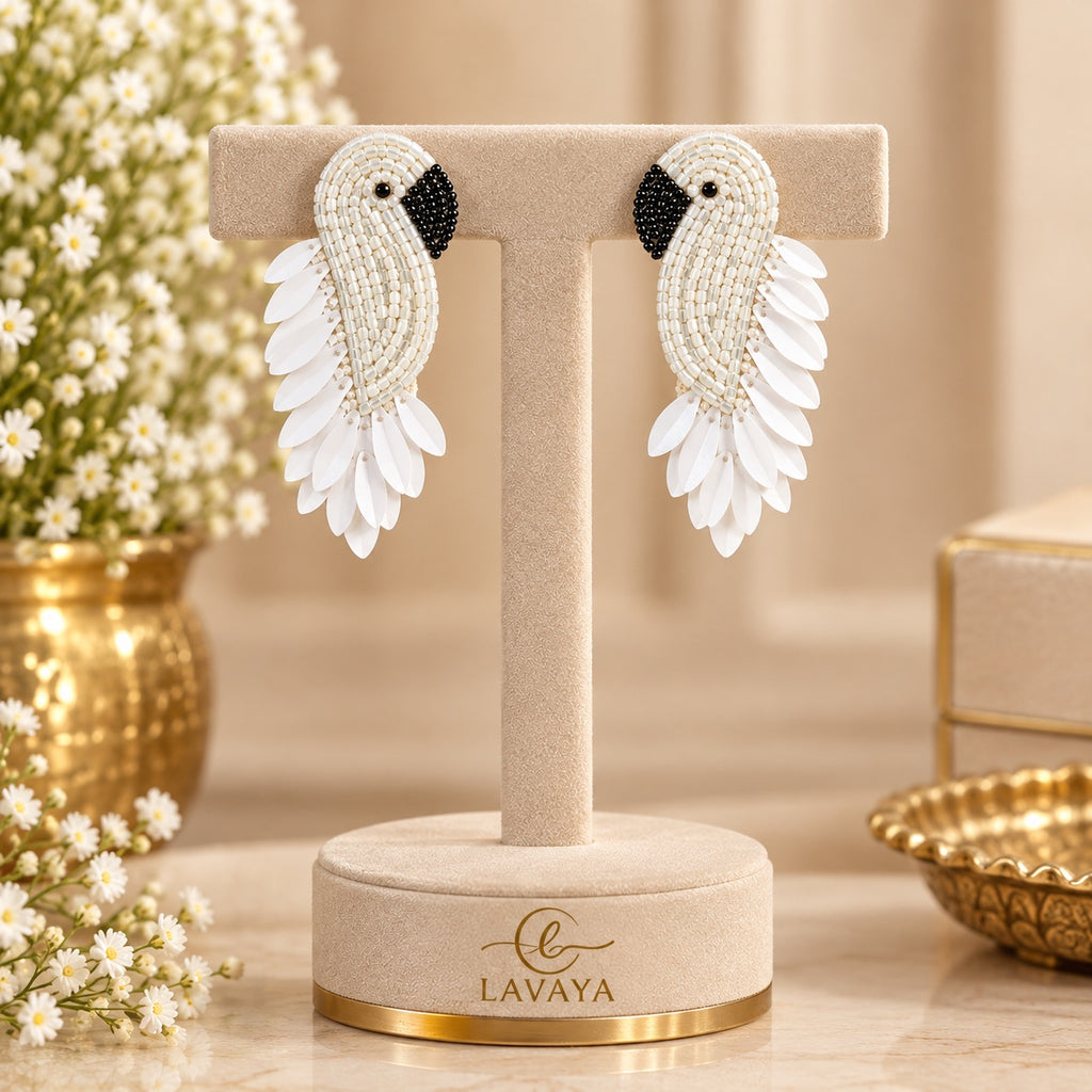 Lavaya Elegant White Swan Beaded Statement Earrings