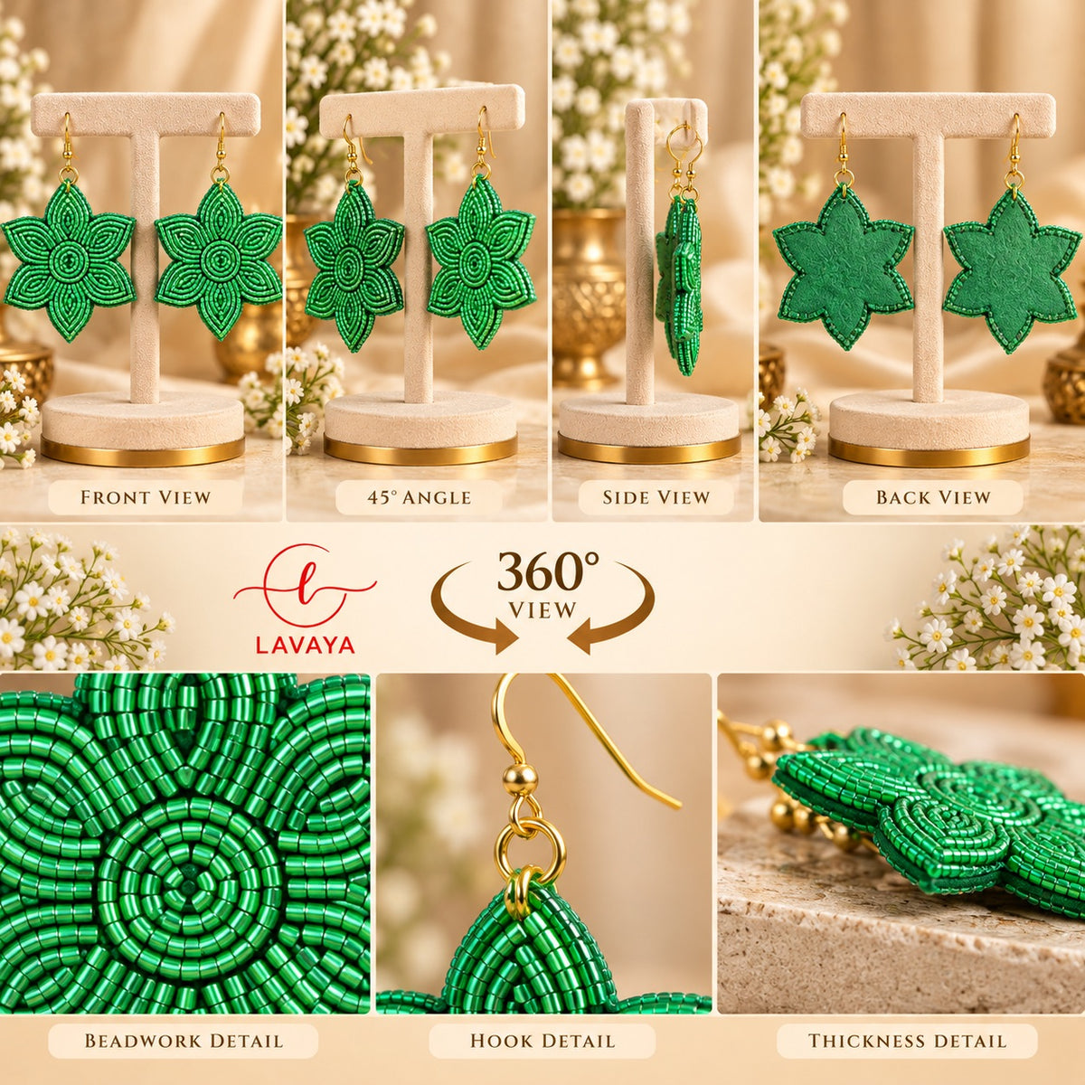 Lavaya Emerald Green Floral Beaded Statement Drop Earrings