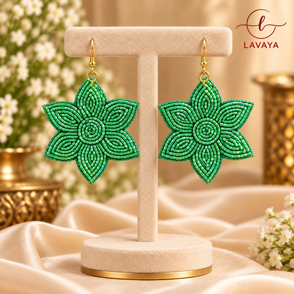 Lavaya Emerald Green Floral Beaded Statement Drop Earrings