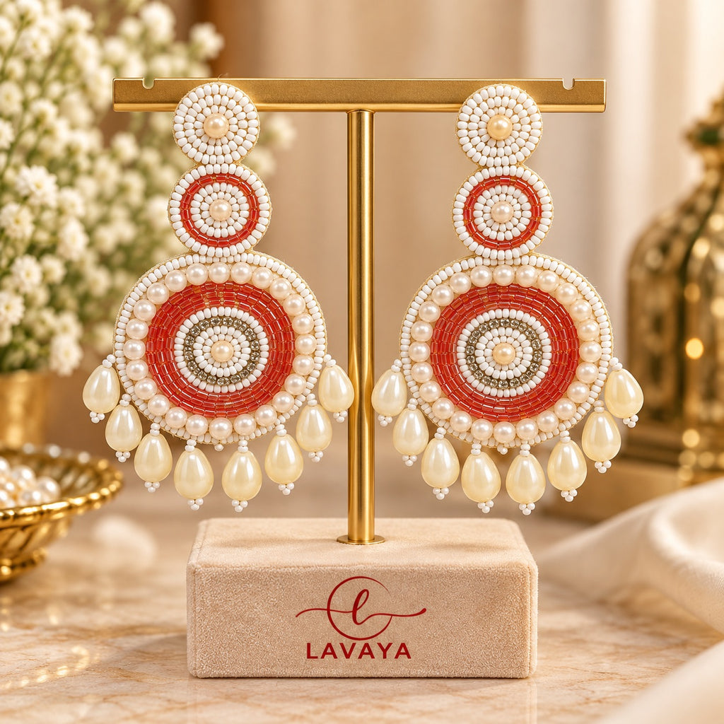 Lavaya Royal Red & White Pearl Beaded Chandbali Statement Earrings