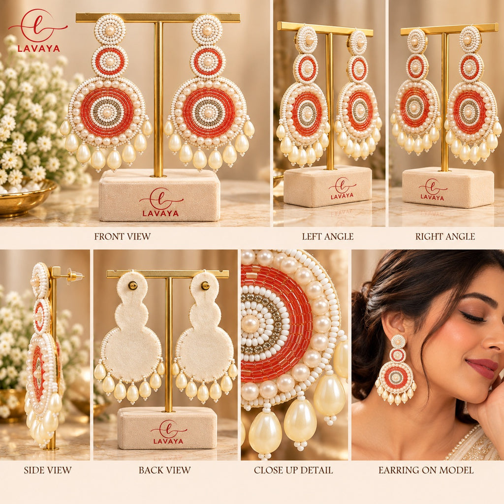 Lavaya Royal Red & White Pearl Beaded Chandbali Statement Earrings