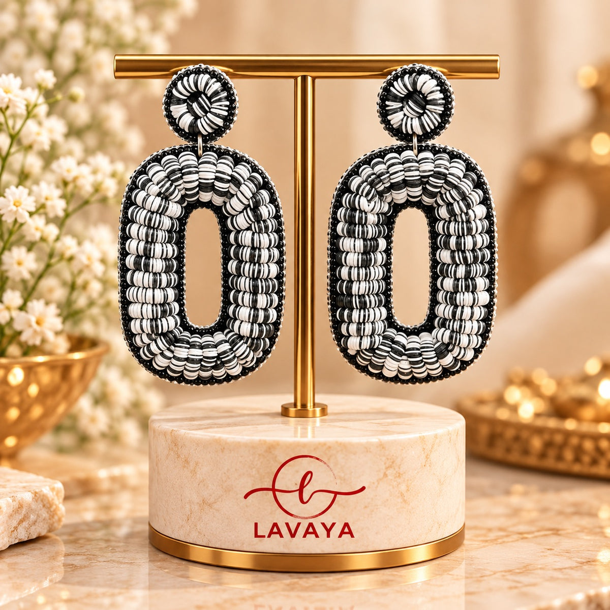 Lavaya Monochrome Black & White Beaded Geometric Statement Drop Earrings