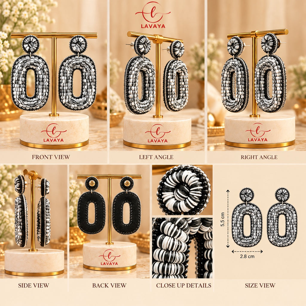 Lavaya Monochrome Black & White Beaded Geometric Statement Drop Earrings
