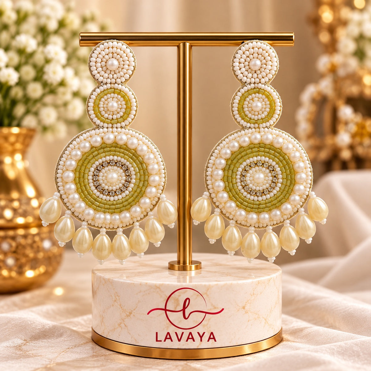 Lavaya Royal Olive Green & Ivory Pearl Beaded Chandbali Statement Earrings