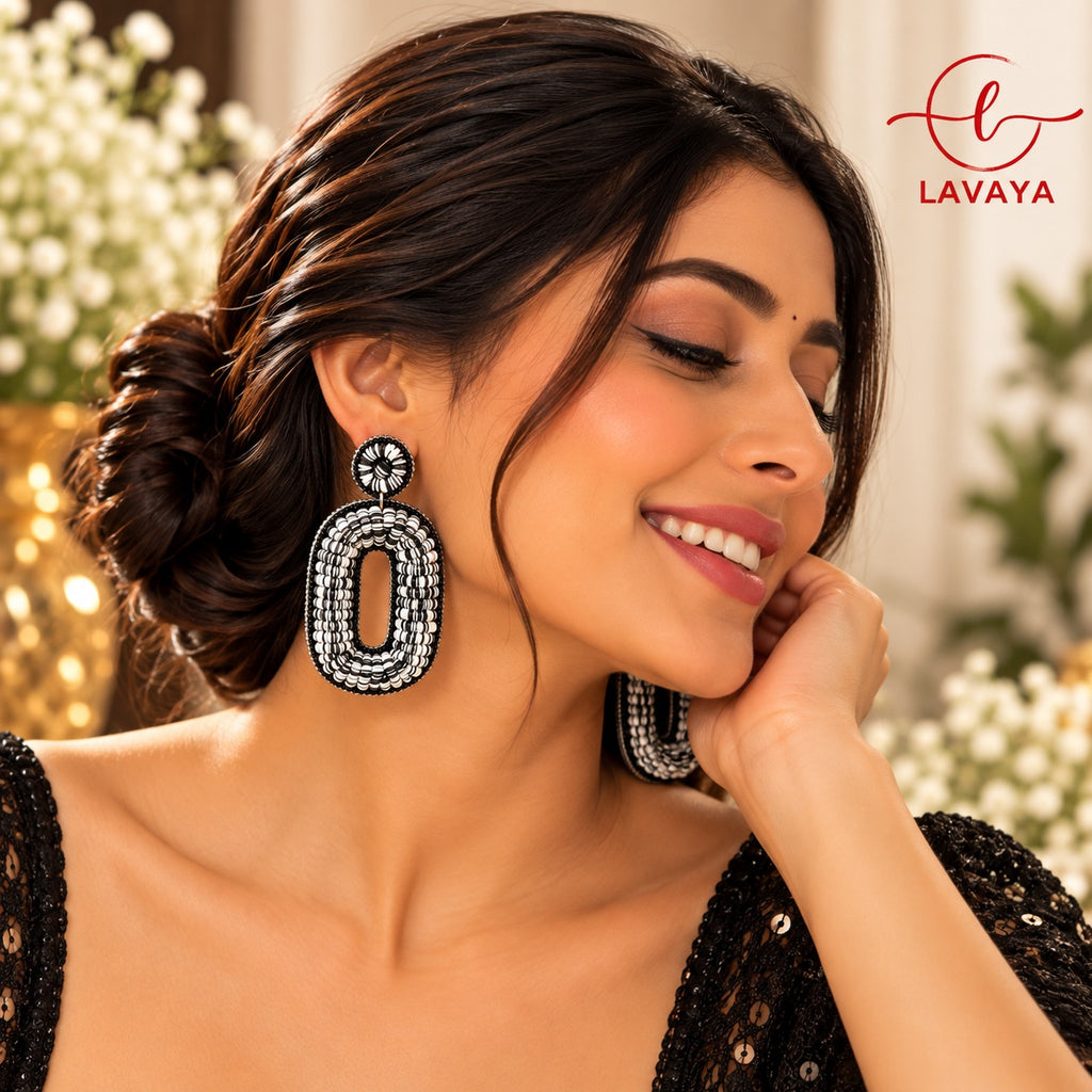 Lavaya Monochrome Black & White Beaded Geometric Statement Drop Earrings