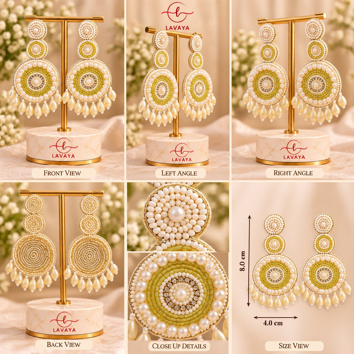 Lavaya Royal Olive Green & Ivory Pearl Beaded Chandbali Statement Earrings
