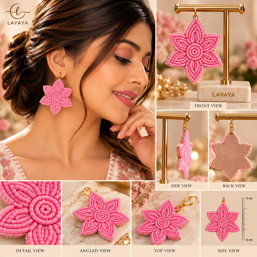 Lavaya Blush Pink Floral Beaded Statement Drop Earrings