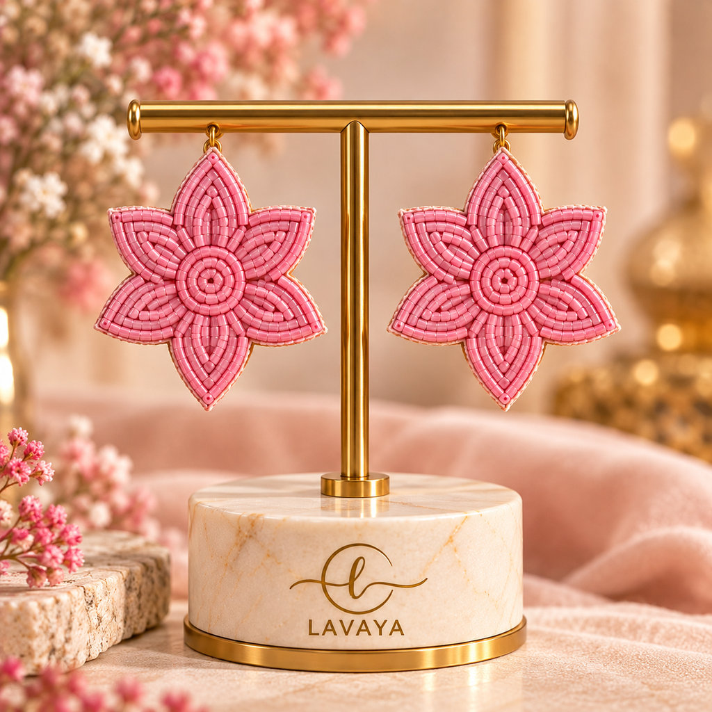 Lavaya Blush Pink Floral Beaded Statement Drop Earrings