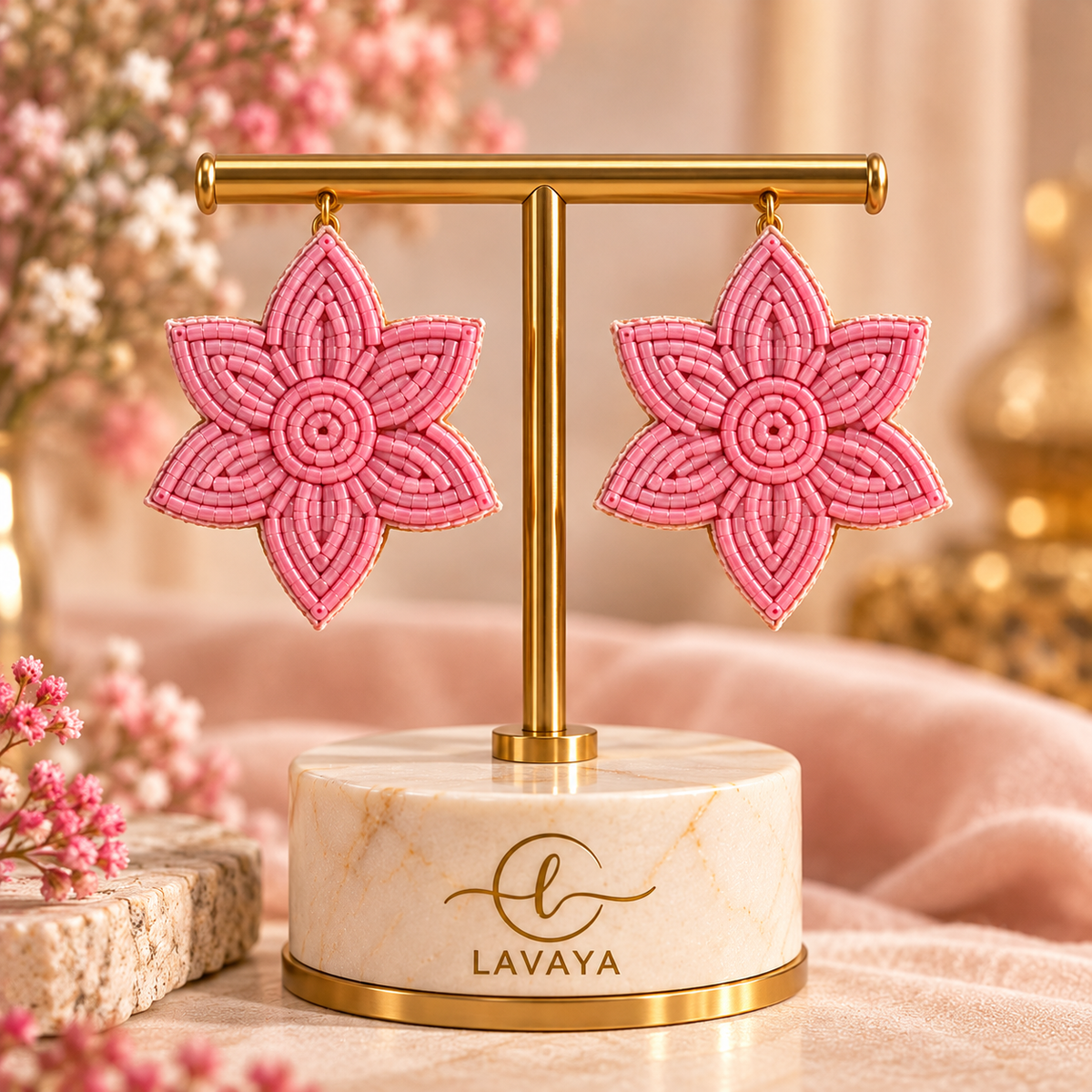 Lavaya Blush Pink Floral Beaded Statement Drop Earrings